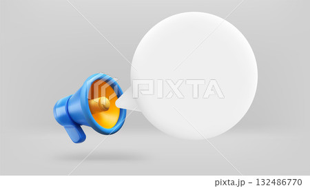 Megaphone with speech balloon. 3d vector illustration with copy space 132486770