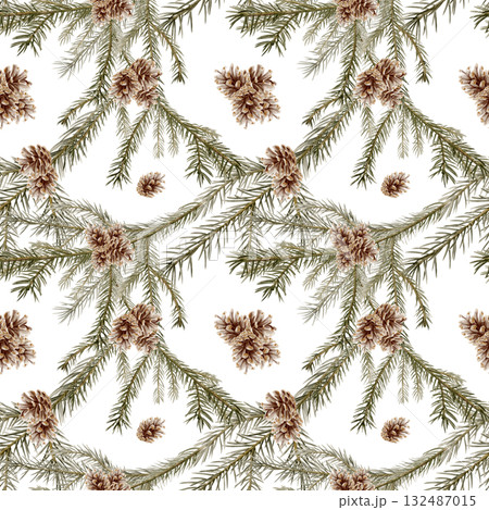 Green spruce branches with spruce cones in seamless pattern in realistic style as a symbol of new year,Christmas,holidays with fir branch.For decorating your cards,envelopes on white background 132487015