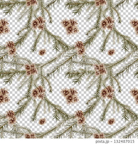 Green spruce branches with spruce cones in seamless pattern in realistic style as a symbol of new year,Christmas,holidays with fir branch.For decorating your cards,envelopes on white background 132487015