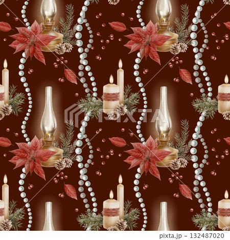 Christmas seamless pattern-vintage glow lamp with red poinsettia with sprig of spruce,fir cones and berries,candles with flame,red openwork lace ribbon,pearl beads.Watercolor hand drawn illustration 132487020