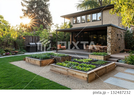 Beautiful backyard garden with raised beds, evening sun, and a welcoming home in a serene setting Generative AI Beautiful backyard garden with raised beds, evening sun, and a welcoming home in a serene setting Generative AI 132487232