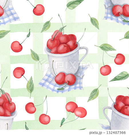 Watercolor cherry seamless pattern 132487366