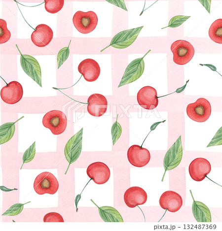 Watercolor cherry seamless pattern 132487369