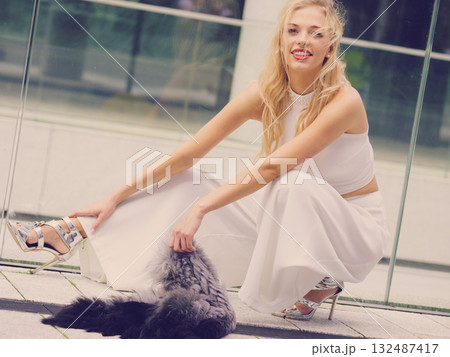 Woman wearing crop top and culottes 132487417