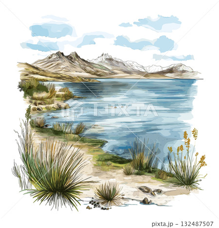 Lake Titicaca - Puno. Lake Titicaca - Puno hand drawn watercolor illustration Lake Titicaca - Puno. Lake Titicaca - Puno hand drawn watercolor illustration 132487507