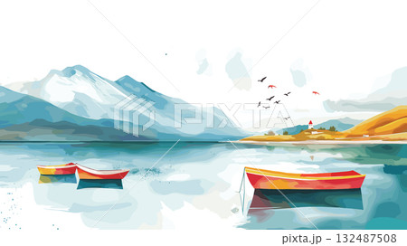 Lake Titicaca - Puno. Lake Titicaca - Puno hand drawn watercolor illustration 132487508