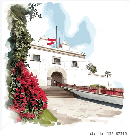 Larco Museum. Larco Museum hand drawn watercolor illustration 132487516