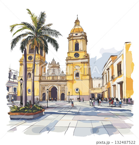 Lima - Plaza Mayor and Historic Center. Lima - Plaza Mayor and Historic Center hand drawn watercolor illustration 132487522