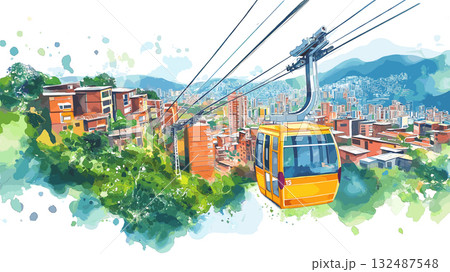 Medellin Comuna 13 and Cable Cars. Medellin Comuna 13 and Cable Cars hand drawn watercolor illustration Medellin Comuna 13 and Cable Cars. Medellin Comuna 13 and Cable Cars hand drawn watercolor illustration 132487548