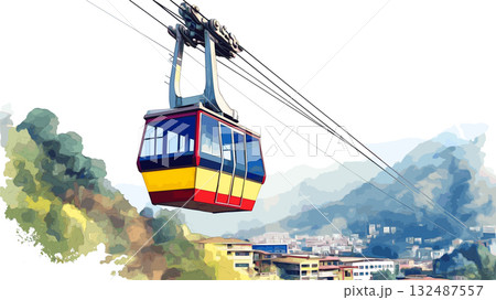 Merida Cable Car. Merida Cable Car hand drawn watercolor illustration 132487557