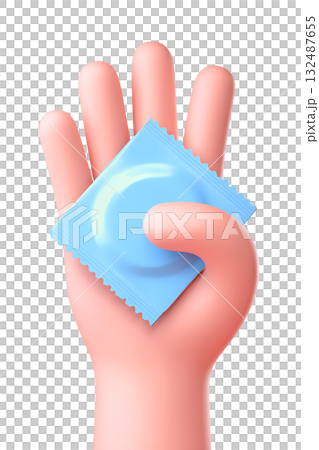 3d cartoon hand holding single condom, isolated on transparent background, perfect for safe sex awareness, sexual health campaigns and educational materials 132487655