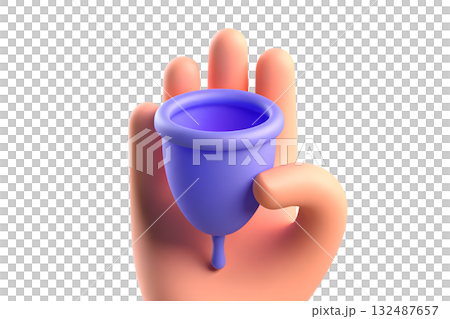 3d cartoon hand holding purple menstrual cup, isolated for concepts of menstrual health, sustainable period care and feminine hygiene 132487657