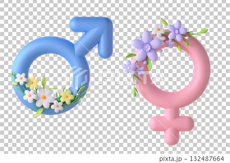 Feminine and masculine signs intertwined with delicate flowers and leaves, symbolizing romance, gender harmony and unity in 3d illustration on transparent background 132487664