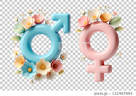 Male and female gender symbols beautifully decorated with blooming flowers, representing love, equality and partnership in 3d render isolated on transparent background 132487665