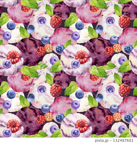Sorbet gelato ice cream scoops with herbal mint sprig, fresh forest berries hand drawn in watercolor. Seamless pattern illustration isolated on dark. Sweet menu, summer dessert label, natural decor. 132487681