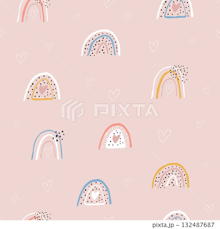 Cute Scandinavian Rainbow and Heart Seamless Pattern Print for Kids' Decor 132487687