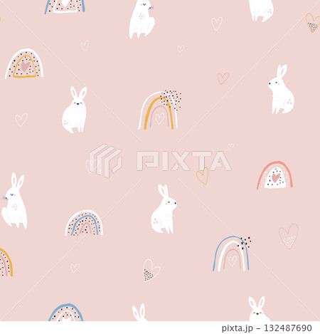 Cute White Bunny and Rainbows Seamless Patterns on Pink Background Cute White Bunny and Rainbows Seamless Patterns on Pink Background 132487690