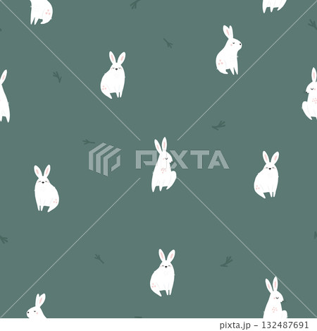 Seamless Pattern with Cute White Cartoon Bunnies. Minimalist Kids Wallpaper, Fabric, or Wrapping Paper Design. 132487691