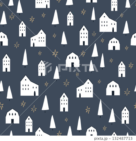 Minimal Seamless Christmas Pattern with Stylized Trees and Buildings 132487713