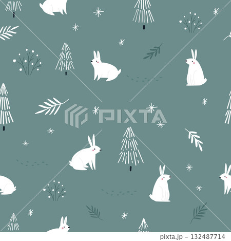 Seamless Christmas Pattern with Woodland Rabbits and Stylized Hand Drawn Trees 132487714
