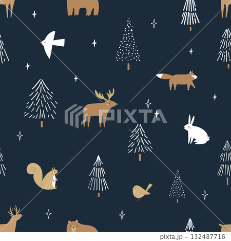 Seamless Christmas Pattern with Woodland Animals and Stylized Trees 132487716
