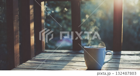 Steaming coffee mug on wooden balcony in morning light 132487803
