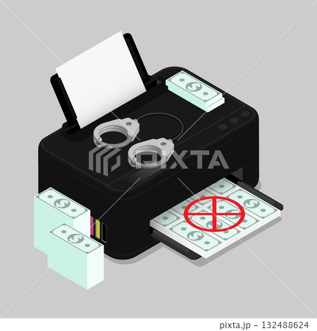 Isometric fake money printed on a printer. Illegal activity punishable by law. Cartoon 3D vector isolated on gray background 132488624