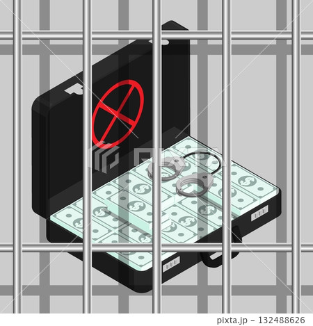 Isometric suitcase full of money behind prison bars inside a prison cell. Punishment for financial fraud. Cartoon 3D vector isolated on gray background 132488626