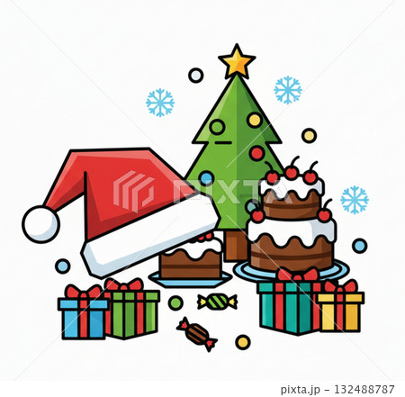 サンタクロースの帽子とケーキとプレゼント(クリスマス) 132488787