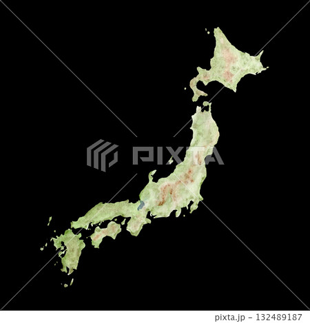 Map of Japan with gentle green and brown tones, hand-painted with natural textures. Artistic watercolor clip art isolated on black, perfect for travel design, education, decor, and geography projects 132489187