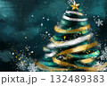 An illustration of a Christmas tree decorated with white and golden ribbons 132489383