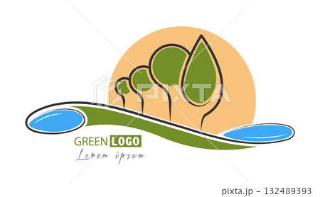 Environmental logo. A sketch of nature with trees, sun and water. Flat style Environmental logo. A sketch of nature with trees, sun and water. Flat style 132489393