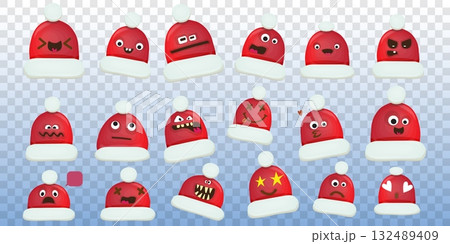 Vector cartoon santa red hat character collection isolated on transparent background. Childrens Merry Christmas design elements big set with funky hats. Christmas smile, emoji and sticker collection. Vector cartoon santa red hat character collection isolated on transparent background. Childrens Merry Christmas design elements big set with funky hats. Christmas smile, emoji and sticker collection. 132489409