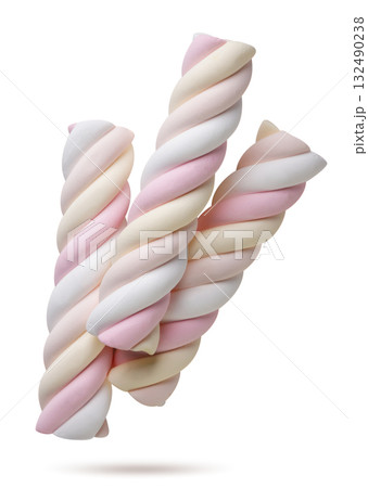 Three colorful marshmallows flying on a white background. Isolated 132490238