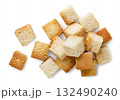 Pile of bread croutons on a white background. Top view 132490240