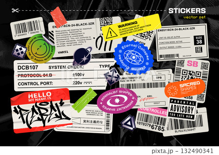Set of Y2K and Packaging Stickers Scattered Randomly 132490341