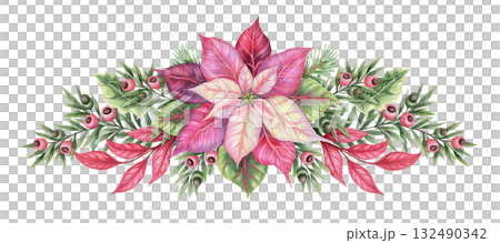 Watercolor Christmas wide arrangement with Poinsettia flower and yew leaves hand drawn with sparkling and pencil texture. Festive pink and green composition. Perfect for greeting card and design. Watercolor Christmas wide arrangement with Poinsettia flower and yew leaves hand drawn with sparkling and pencil texture. Festive pink and green composition. Perfect for greeting card and design. 132490342