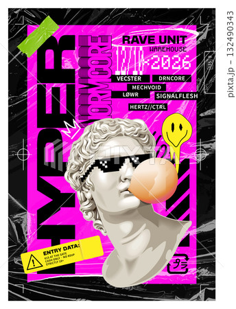 Acid Rave Poster with Apollo Bust and Brutalist Elements Acid Rave Poster with Apollo Bust and Brutalist Elements 132490343