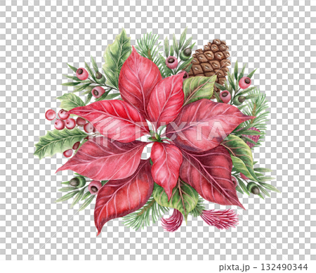 Watercolor bouquet with Poinsettia flower and leaves hand drawn with sparkling and pencil texture. Festive red and green composition. Perfect for Christmas greeting card and botanical seasonal design. 132490344