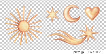 Copper metal celestial ornament set with comet sun and heart hand drawn in watercolor with sparkle and pencil texture. Shiny vintage jewelry illustration. Perfect for Christmas card and seasonal art. Copper metal celestial ornament set with comet sun and heart hand drawn in watercolor with sparkle and pencil texture. Shiny vintage jewelry illustration. Perfect for Christmas card and seasonal art. 132490356