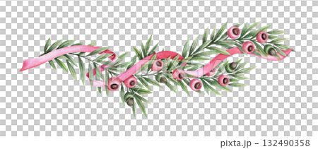Watercolor pink ribbon twisted with yew branch hand drawn with sparkling and pencil texture. Aesthetic pink and green botanical composition. Perfect for Christmas greeting card and seasonal design. Watercolor pink ribbon twisted with yew branch hand drawn with sparkling and pencil texture. Aesthetic pink and green botanical composition. Perfect for Christmas greeting card and seasonal design. 132490358