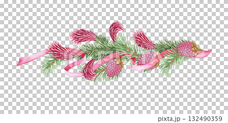 Watercolor pink ribbon twisted with Norway spruce hand drawn with sparkling and pencil texture. Aesthetic pink and green botanical composition. Perfect for Christmas greeting card and seasonal design. Watercolor pink ribbon twisted with Norway spruce hand drawn with sparkling and pencil texture. Aesthetic pink and green botanical composition. Perfect for Christmas greeting card and seasonal design. 132490359