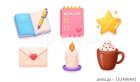 Colorful flat illustration featuring a wish list notebook, pen, star, envelope, candle, and hot chocolate mug, embodying the festive spirit of Christmas and New Year celebrations 132490491