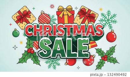 Colorful Christmas sale illustration featuring festive decorations, gifts, ornaments, and holly leaves, conveying holiday spirit and excitement for seasonal discounts and New Year celebrations 132490492