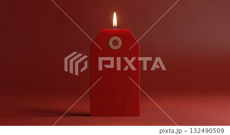 Red candle shaped like a gift tag, glowing warmly against a rich red background, symbolizing Christmas spirit and New Year celebrations with festive ambiance Red candle shaped like a gift tag, glowing warmly against a rich red background, symbolizing Christmas spirit and New Year celebrations with festive ambiance 132490509