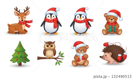 Cute Christmas illustration featuring a reindeer, penguins, bear, owl, tree, and hedgehog, all wearing festive hats and scarves, celebrating the holiday season with joy and cheer 132490513