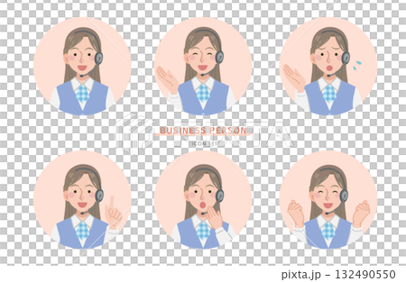 Icon set of various facial expressions of female operators 132490550