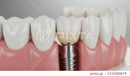 Dental implant procedure showcasing a realistic model of teeth with an implant placed in the gum, illustrating modern dental technology and oral health advancements Dental implant procedure showcasing a realistic model of teeth with an implant placed in the gum, illustrating modern dental technology and oral health advancements 132490674