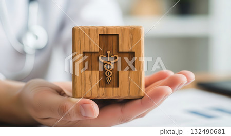 Wooden medical symbol cube held by a healthcare professional, showcasing a cross and caduceus design, representing health, wellness, and care in a clinical environment 132490681