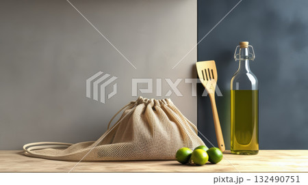 An eco-bag with limes, olive oil, and a wooden spatula on a table, symbolizing a healthy lifestyle and conscious consumption. 132490751